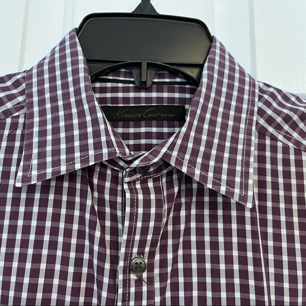 Kenneth Cole Men’s Purple Gingham Check Casual Dress Shirt Size Medium